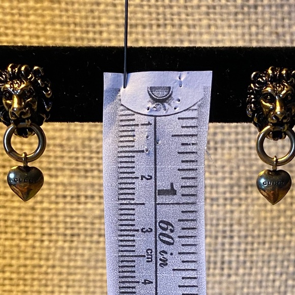 Gucci Lion Head Heart Drop Gold Plated Earrings - Picture 7 of 9